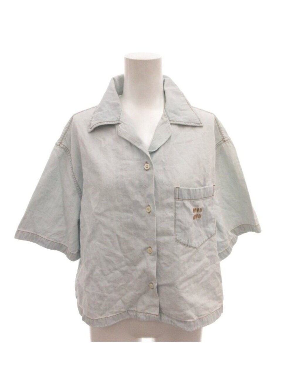 Miu Miu Denim Shirt Open Collar Logo Embroidery Short Sleeve Short Length 36